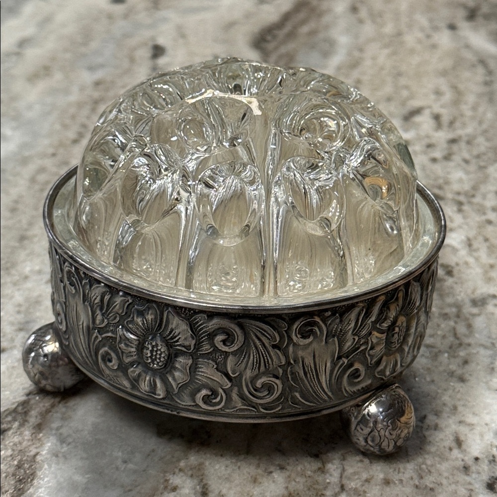 Vintage VMC Clear Glass Floral Frog with Silver Plate Stand Denmark France